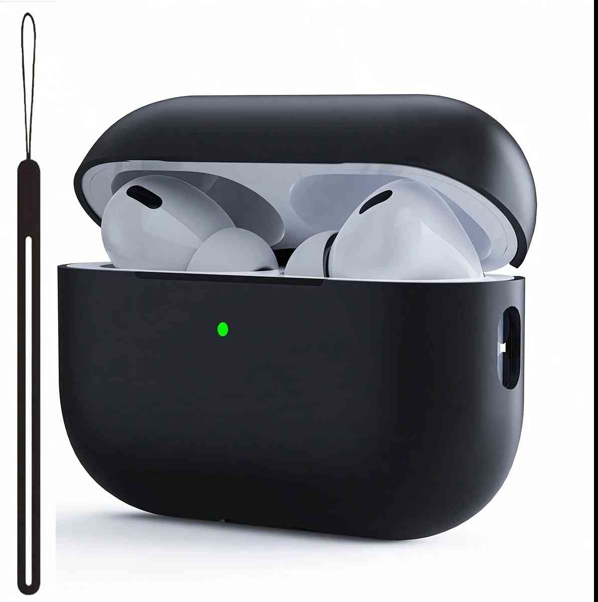  AirPods Pro 2 Solid Color Silicone Split Protective Case with Lanyard - Black